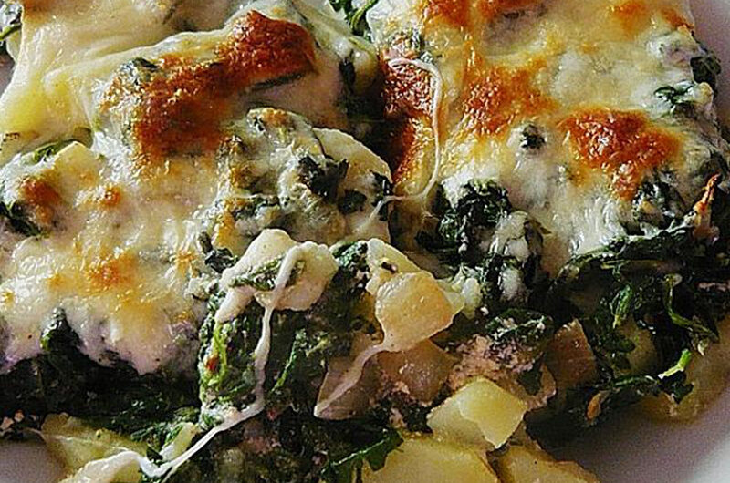 Fischauflauf mit Kartoffeln und Spinat